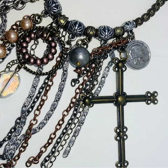 Treska Artisan Necklace Statement NEW Cross Coin Beaded Multicolored Funky Boho - Picture 6 of 14